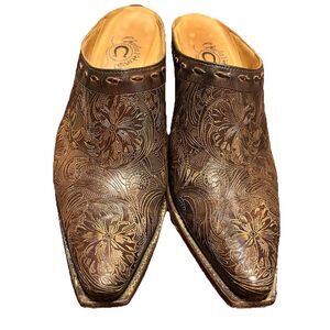 Charlie 1 Horse by Lucchese Tooled Leather Brown Mules Western Cowboy Shoes 7.5